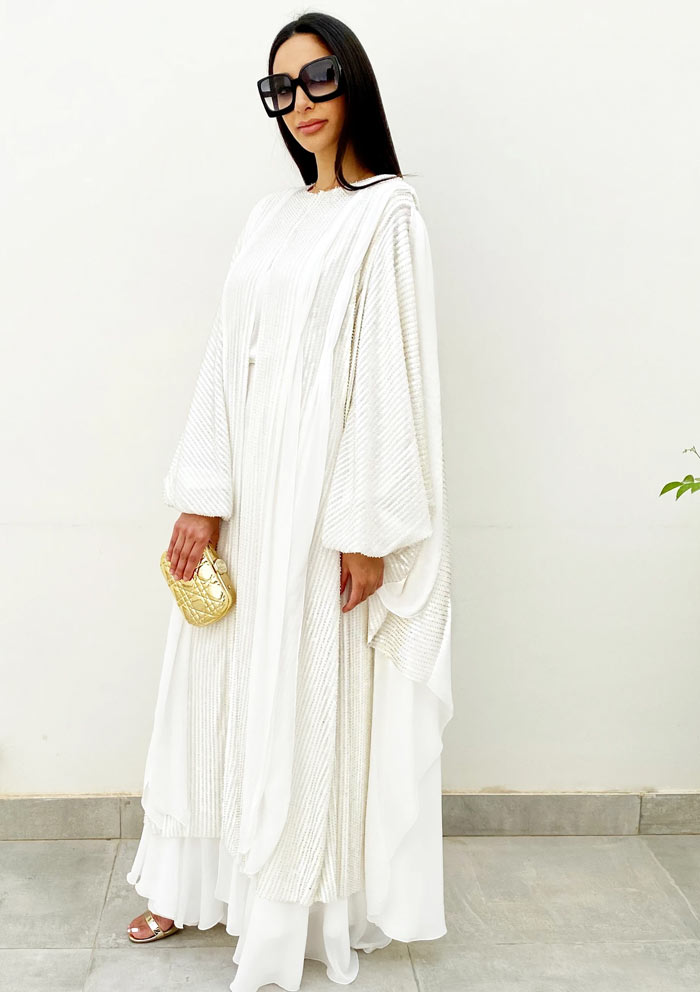 Dana White Beads & Sequins Tulle Chiffon abaya From Qabeela